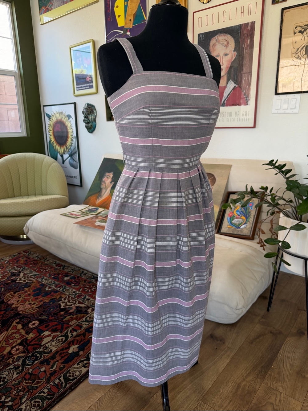 Vintage 60’s Sleeveless Striped Cotton-Blend Midi Summer Dress in Gray and Pink